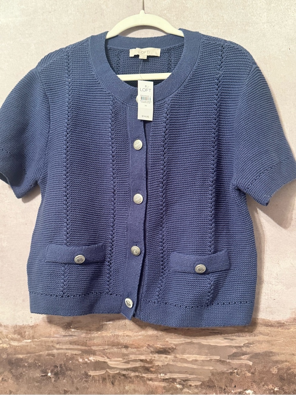 LOFT Blue Short-Sleeve Button Front Cardigan | Size L / NWT - Picture 2 of 6